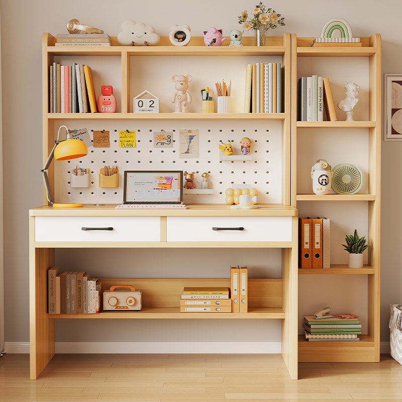 实木洞洞板书桌书架一r体桌子卧室家用学生写字办公桌台式电脑桌