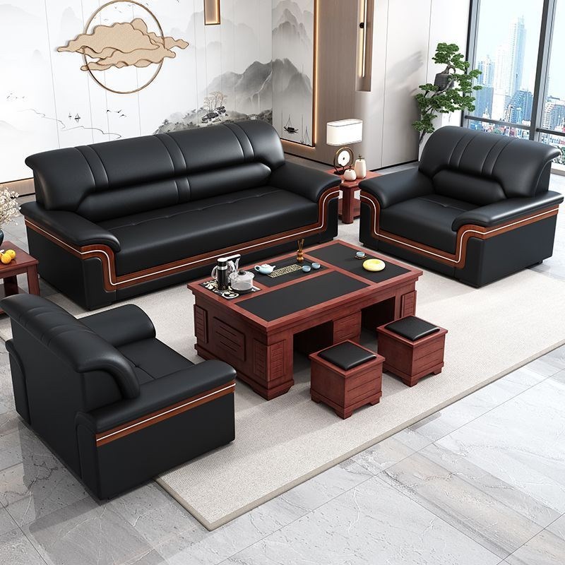 头层真皮办公沙发会客室接待商务现代简约三R人位沙发茶几组合