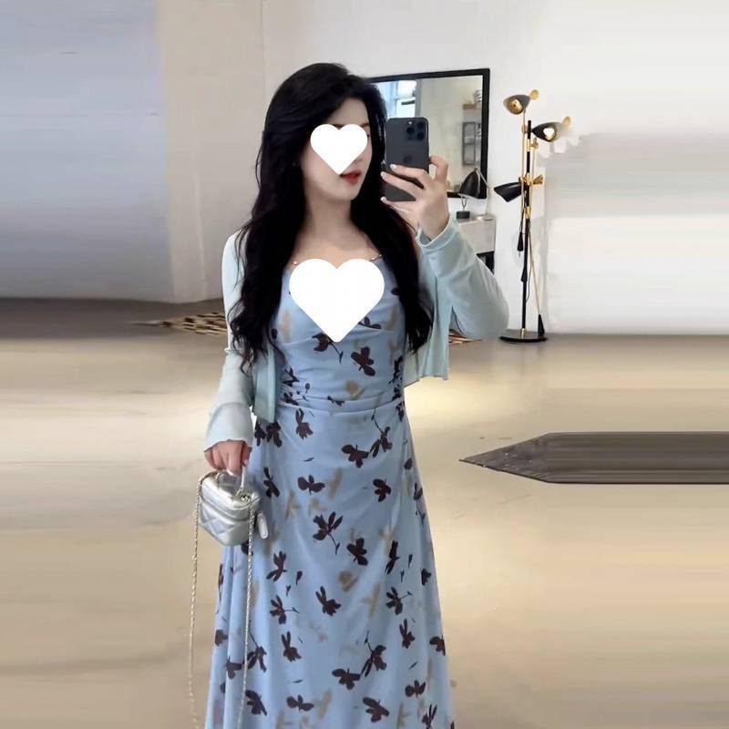 大码外穿碎花吊带连衣裙套装女夏季胖温柔风防晒开衫长裙两件套