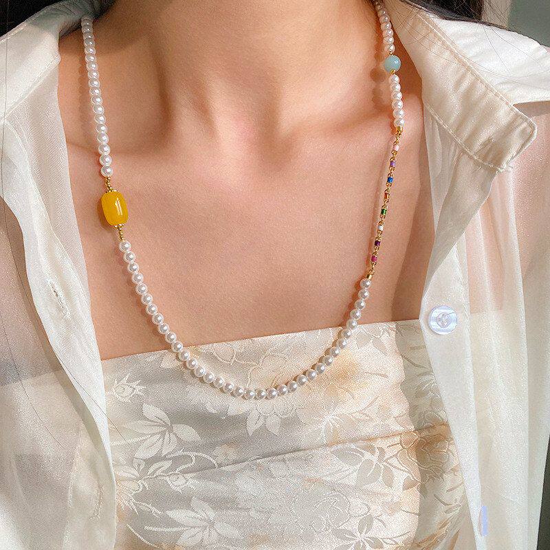 长款珍珠项链轻奢叠翡翠国风颈链玛瑙锁骨配饰旗袍串珠女新中式戴