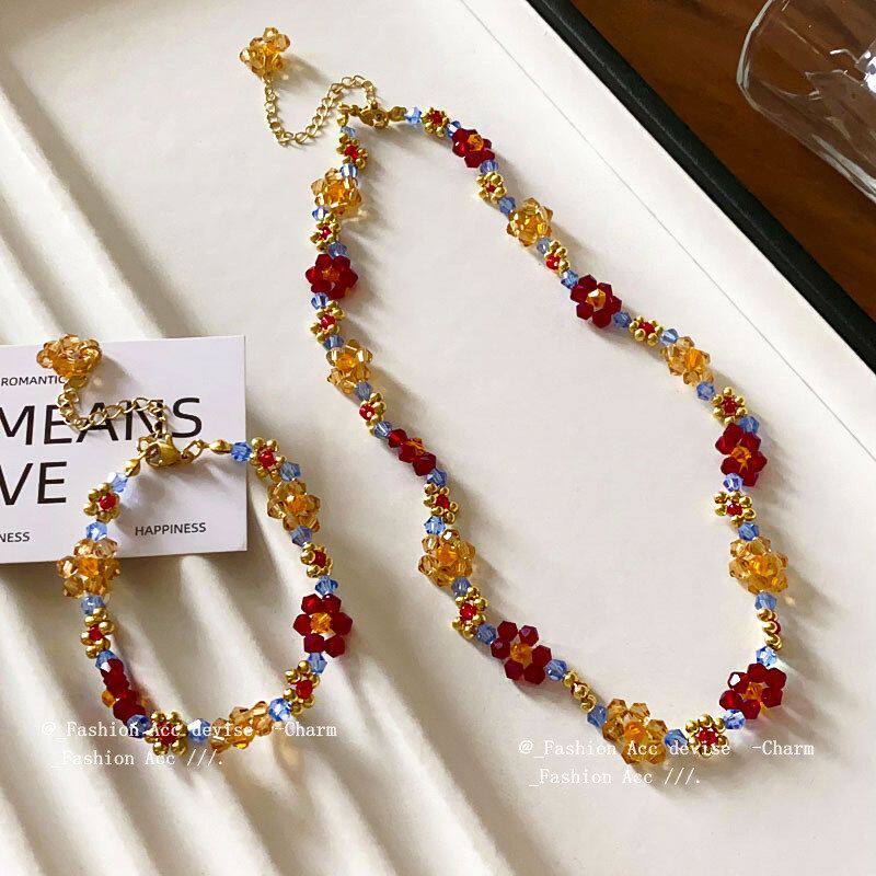 甜美森清新编织链串珠彩色百搭花朵时尚饰品女多巴胺锁骨系小项链