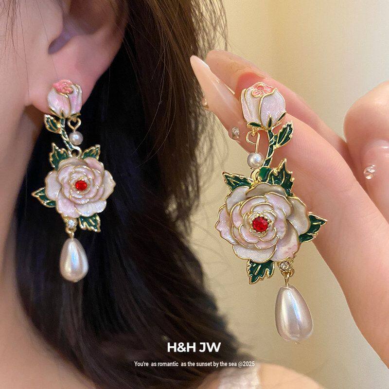 珍珠耳环女花朵耳饰滴油甜美轻奢复古银针vintage中古耳钉高级感