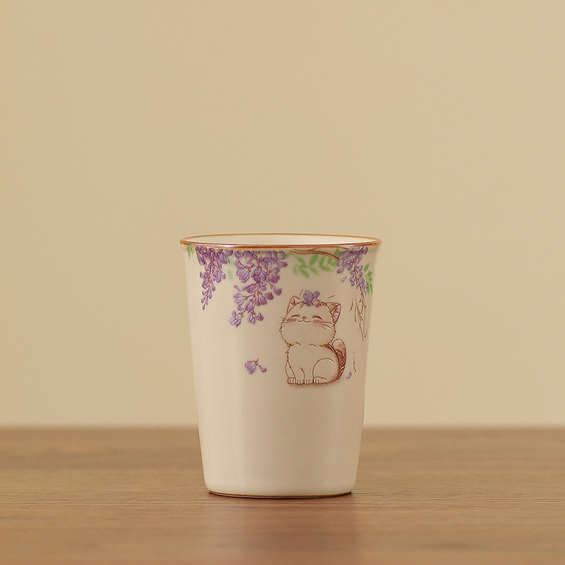 米黄汝窑紫藤猫咪茶杯主人杯陶瓷可乐杯饮料杯女生个人专用杯单杯,餐饮具,茶杯,淘宝优惠券,粉丝福利购,淘宝优惠卷