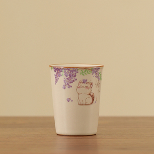 米黄汝窑紫藤猫咪茶杯主人杯陶瓷可乐杯饮料杯女生个人专用杯单杯