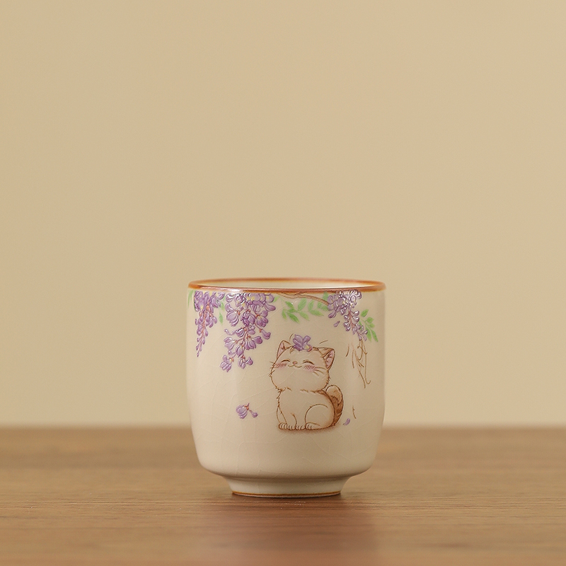 紫藤猫咪米黄汝窑主人杯单杯女生