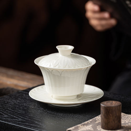 仿宋定窑白三才盖碗陶瓷茶杯