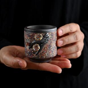 岩矿手工捏花主人杯单杯功夫茶具陶瓷茶杯品茗杯子点金可养彩茶盏
