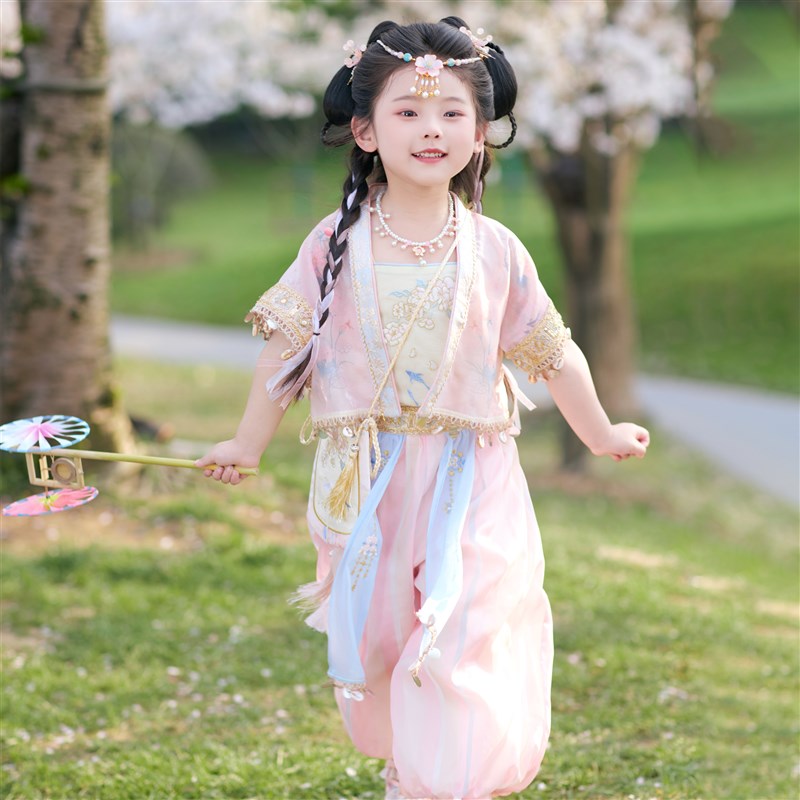 汉服女童2025夏季薄款短袖儿y童新中式国风套装女孩上衣裤子三件