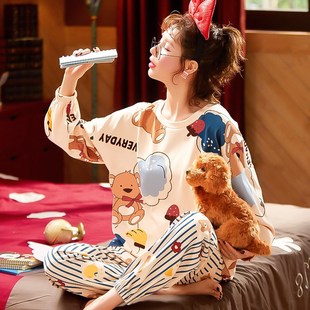 可爱舒适家居服女夏可外穿套 2024年新款 睡衣女春秋纯棉长袖 薄o款