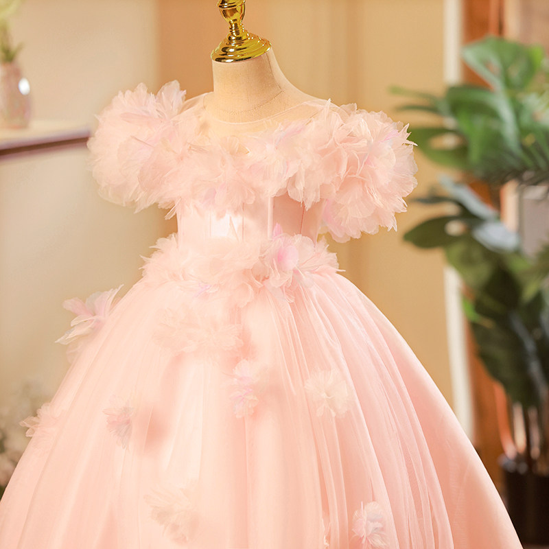 女童礼服粉色儿童走秀拖尾夏公主裙钢琴主持人演出服轻.奢小众高