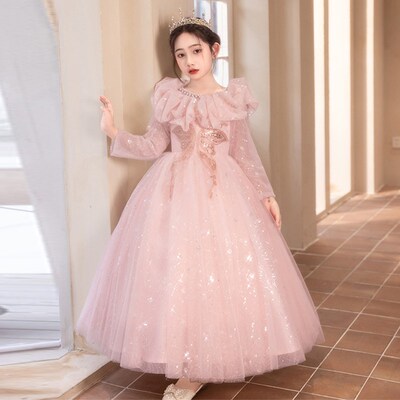 粉色女童晚礼服长袖高端儿童生y日公主裙小女孩走秀钢琴演出服秋