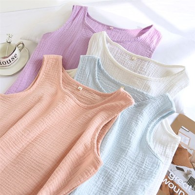 夏薄纯棉泡泡棉纱卡通碎花u圆领套头无袖小背心大码上衣家居睡衣