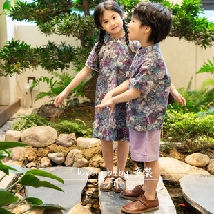 亲子款-姐弟装国风新中t式马甲女童旗袍男童唐装夏短袖母子款