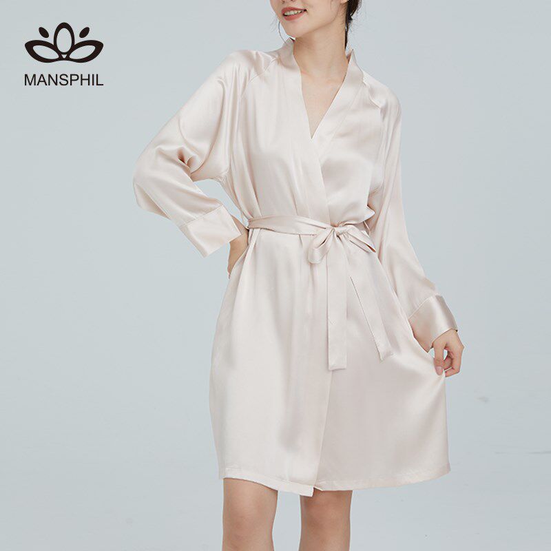 真丝睡袍女春夏季长m袖100%桑蚕丝睡衣家居服性感女士晨袍浴袍睡