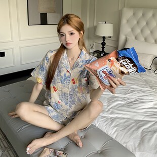 夏季 薄款 2024年新款 短裤 棉纱家居服套 纯F棉短袖 莫奈花园睡衣女款