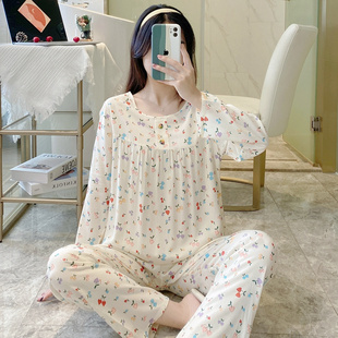 大码 长袖 宽松空调睡衣东方绵绸人造棉套 可爱纯棉绸薄o款 春秋女式