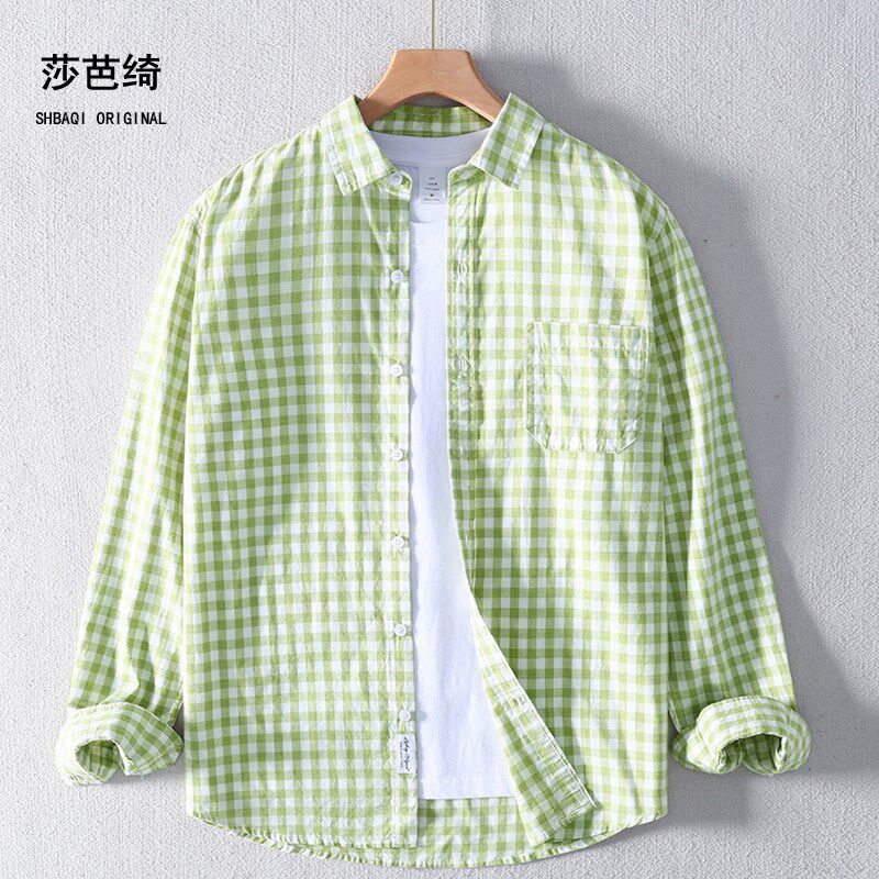 春秋男女情侣纯棉磨毛p蓝白格子长袖衬衫休闲宽松防晒衣潮流男衬