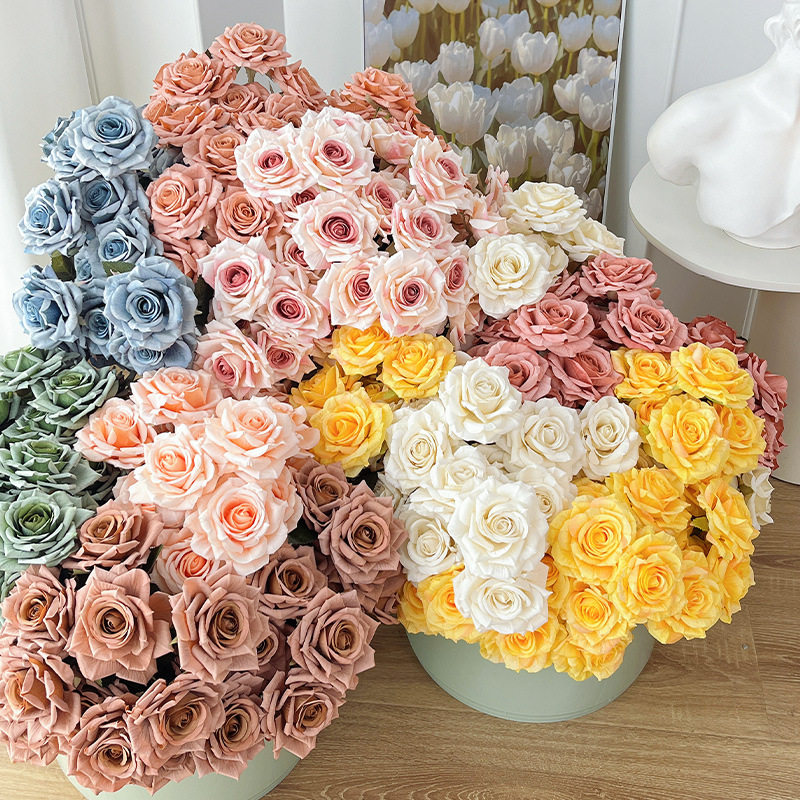 7头卡布奇诺玫瑰花仿真花砖石玫花束仿真玫瑰绢花假花装饰花批发
