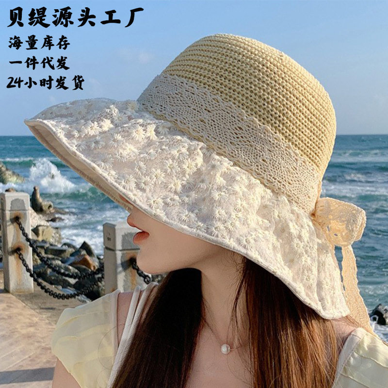 夏天台州温岭针织帽子女款蕾丝蝴蝶结渔夫帽防晒遮阳帽沙滩太阳帽