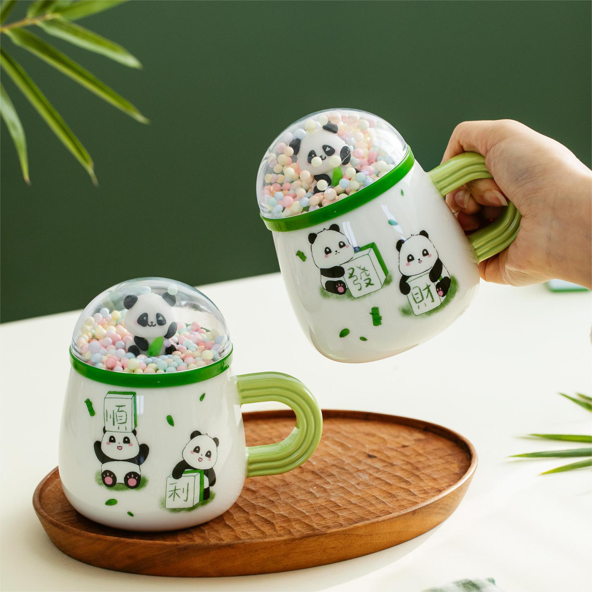 萌宠熊猫学生水杯陶瓷杯带盖高颜值喝水杯办公咖啡杯马克杯伴手礼