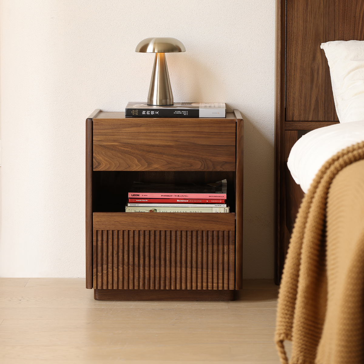 晨物黑胡桃木床头柜储物柜一体家用卧室小型收纳柜置物床边侧边柜