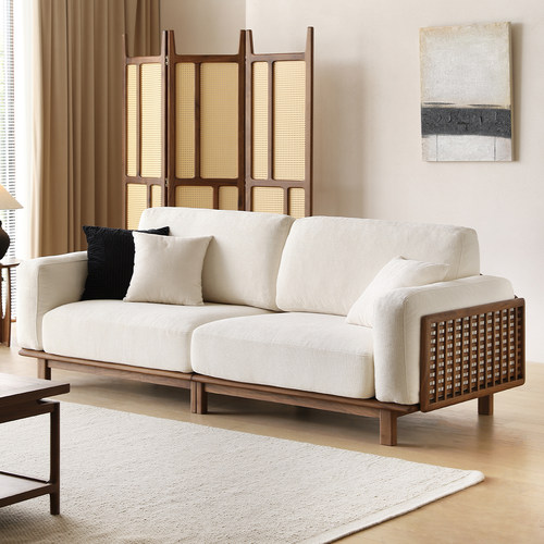 晨物北美黑胡桃木布艺沙发直排小户型客厅简约家用可拆洗雪尼尔