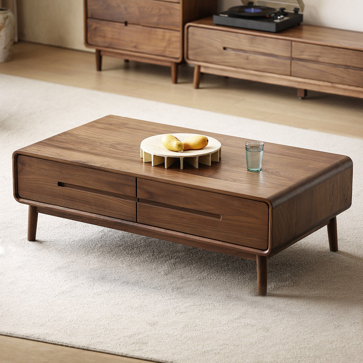 晨物家居北美黑胡桃木茶几北欧实木简约现代家用小桌子带抽小户型