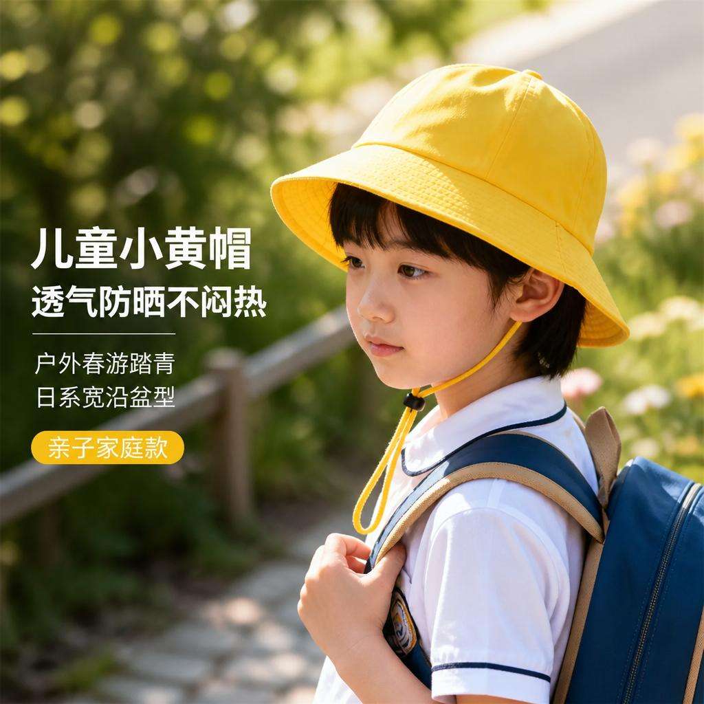 儿童小黄帽小学生透气防晒宽沿