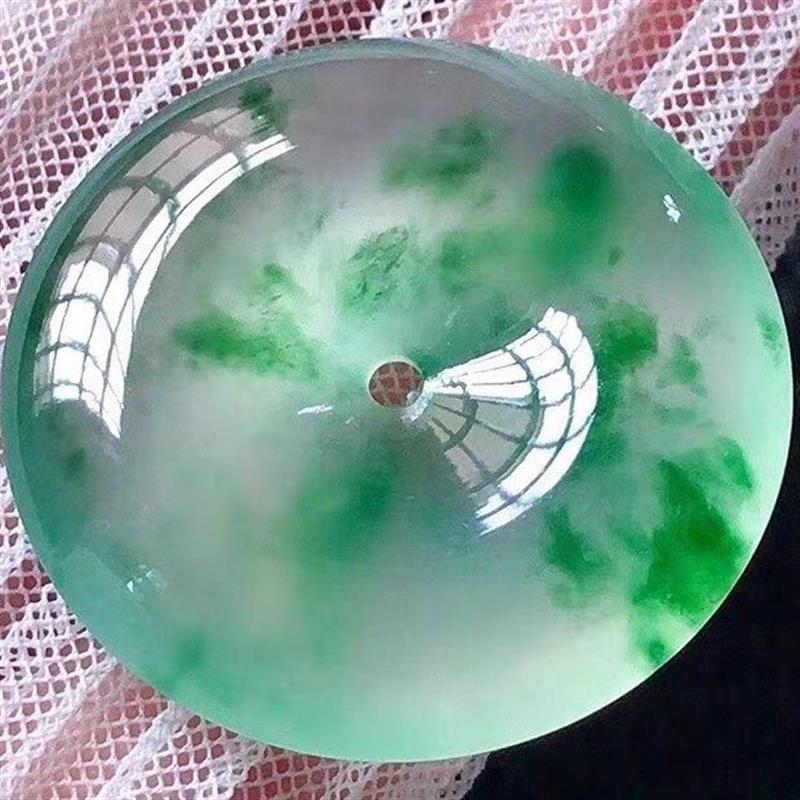 缅甸老坑冰种飘花翡翠色平安扣玉石吊坠男女通款佩戴挂绳