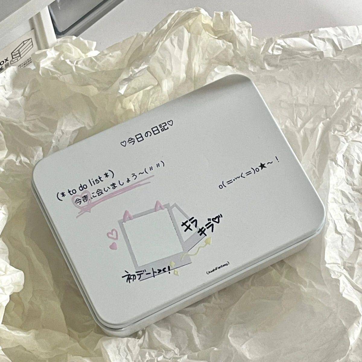 少女心猫耳相框ins韩系温馨奶油风铁盒贴纸收纳盒翻盖小卡收纳盒