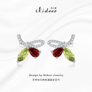 奈小鹿天然橄榄石蝴蝶结耳钉女纯银石榴石水滴耳饰轻奢耳环礼物