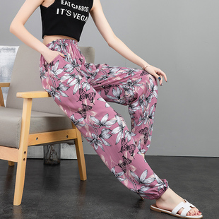 大码棉绸睡裤女夏人造棉薄t款可外穿防蚊裤绵绸灯笼裤度假沙滩长