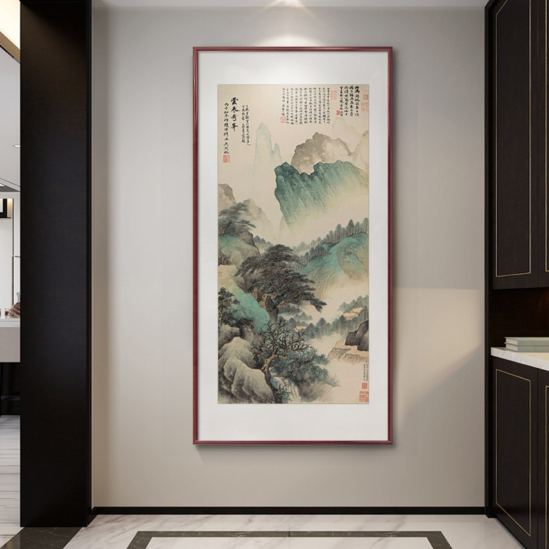 张大千山水画新中式玄关装饰画招财壁画竖版M挂画走廊尽头过道国