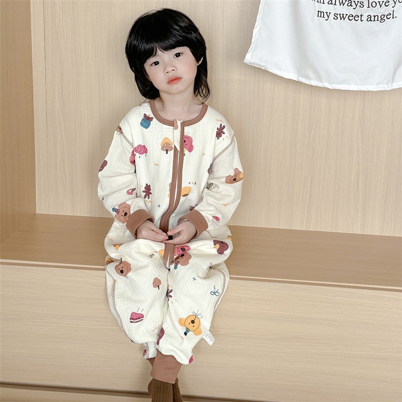 儿童睡袋春夏款宝宝纯棉纱布分腿防踢被男童女P孩薄款春秋连体睡