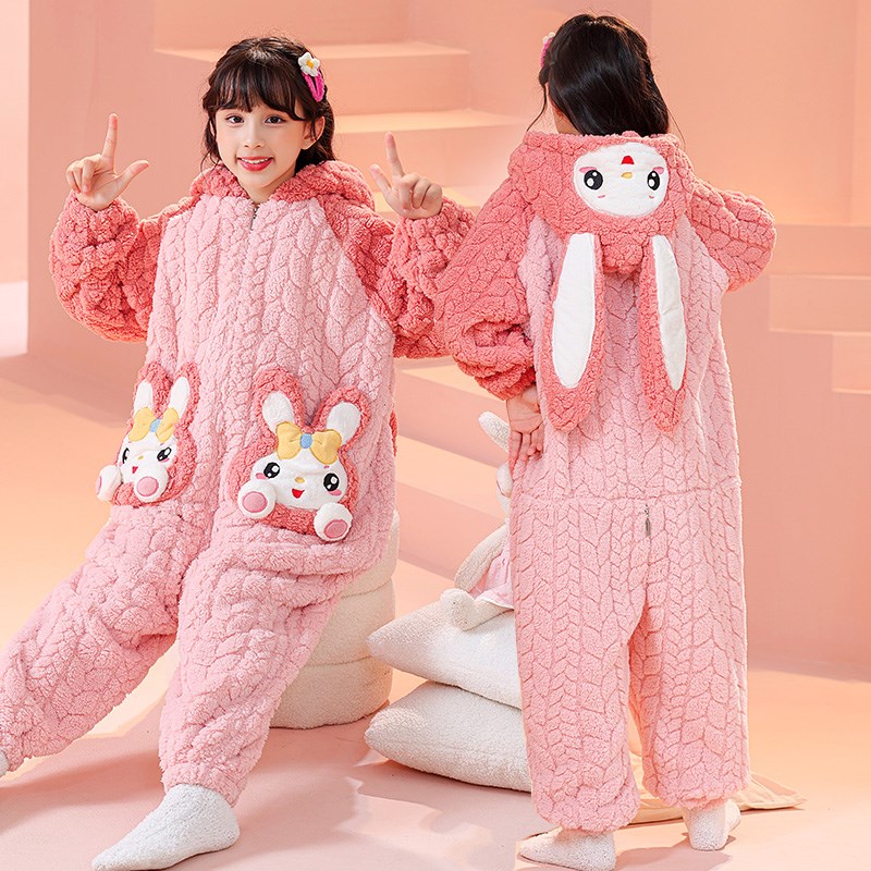 儿童连体a睡衣女童法兰绒秋冬季小女孩家居服加厚珊瑚绒防踢被睡