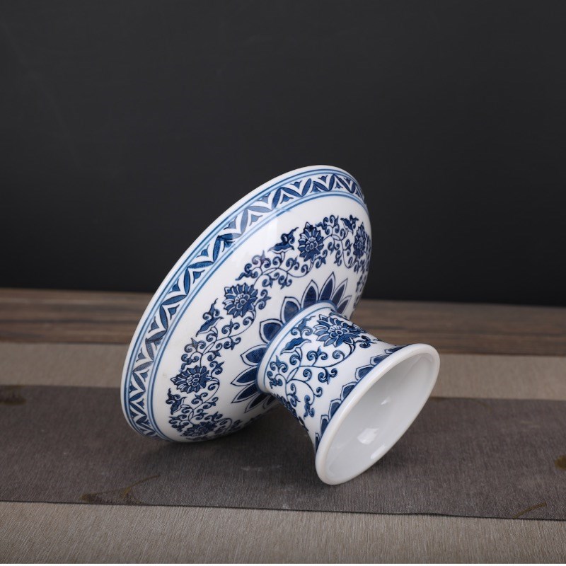 中式青花瓷复古高脚果盘水果点I心家用盘茶几供盘水果盘