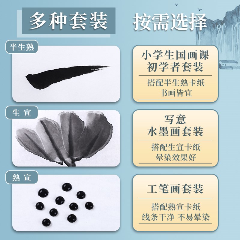 国画初学者c套装卡纸中国画颜料宣纸水墨画生宣熟宣软卡工笔画小