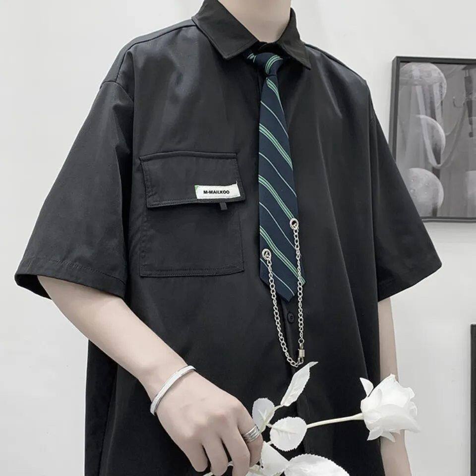 学院风DK制服白衬衫男短袖v痞帅夏季宽松休闲港风日系衬衣班服一