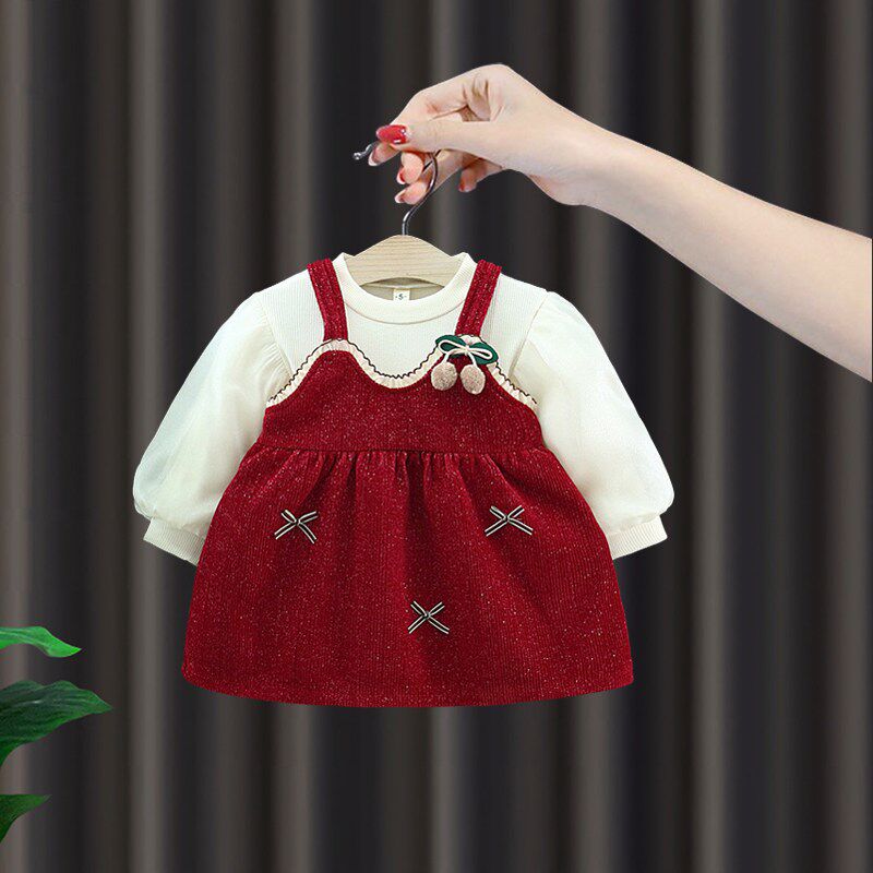 周岁女宝礼服春装女童春季连衣裙樱D桃背带裙套装婴儿抓周公主裙