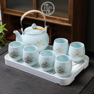 中式 小清新青瓷提梁壶功夫茶具套装 现代简约大号家用送礼茶壶茶杯