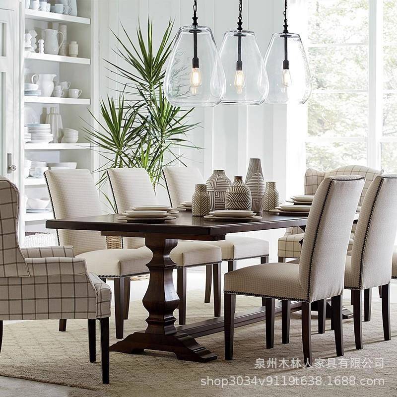 美式乡村实木餐桌罗马柱欧式办公接待书桌家用多人复古原木餐台桌