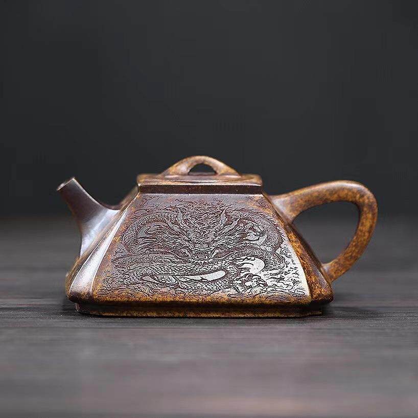 四方抽角宜兴紫砂壶原矿龙骨金砂匠心手制精美紫砂茶壶产地石瓢