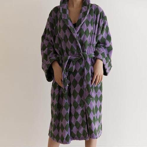 新款复古菱形格长绒棉浴袍酒店简约毛巾料家居服成人男女浴袍