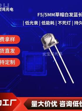 F5草帽蓝灯5mm草帽白发蓝光长脚5mm高亮蓝灯指示灯直插led灯珠