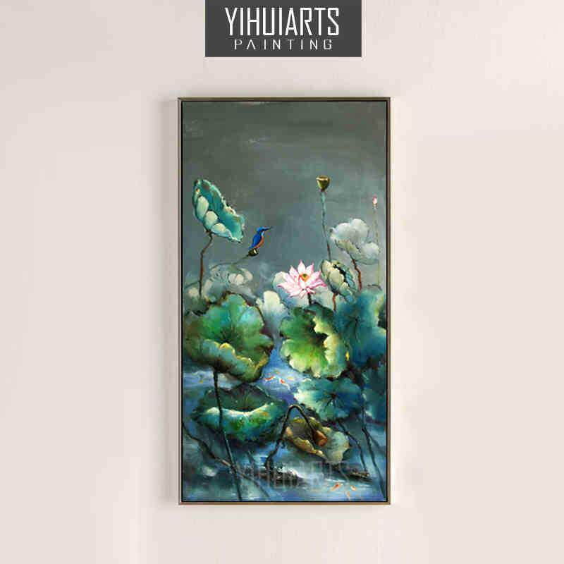 两联竖幅玄关走廊手绘花卉肌理无框中式家居装饰画夏日荷花挂画