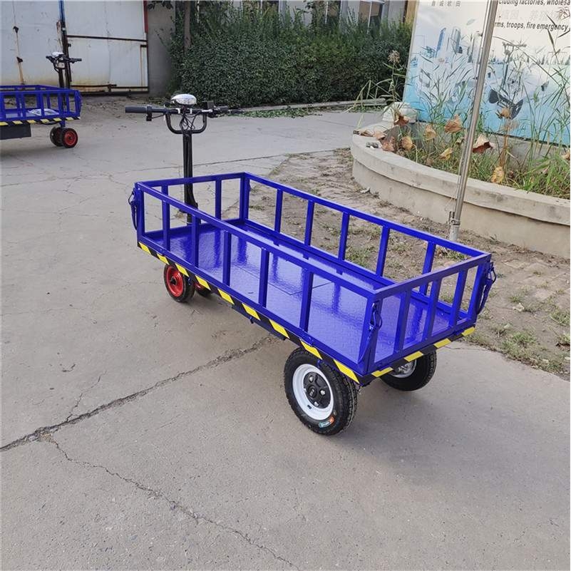 蓝色万向轮护栏小车 电动平板搬运车 四轮电动拉货车多用途