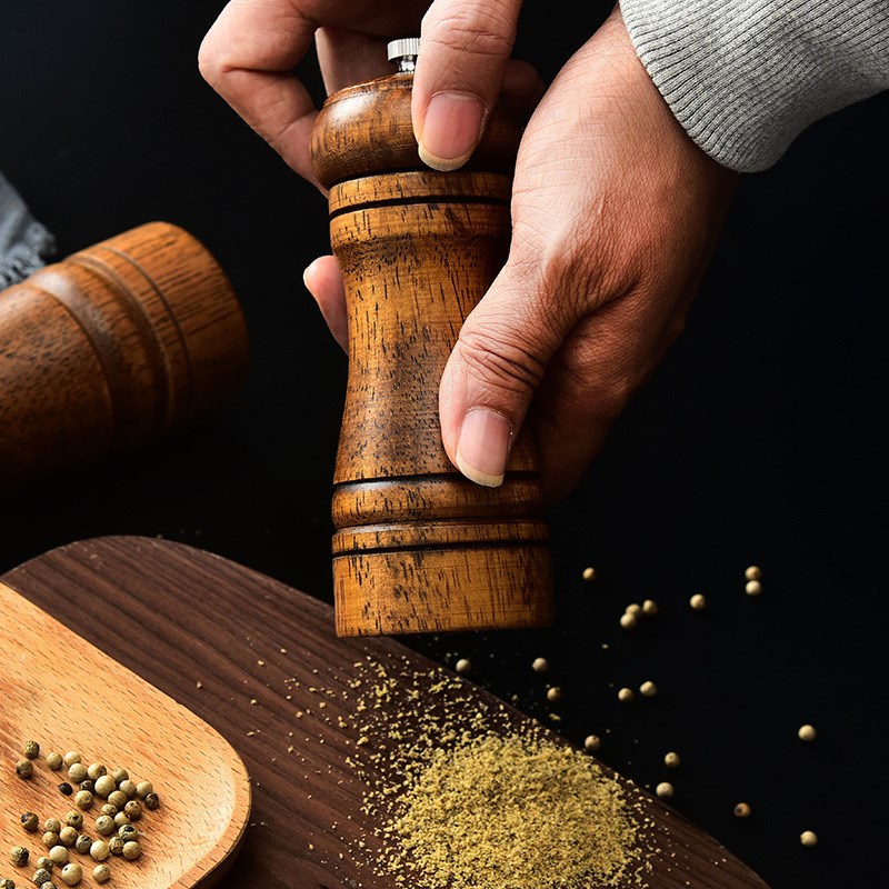 原木色手动橡木胡椒 海盐 粗盐研磨器陶瓷芯多R用调味瓶厨房小工