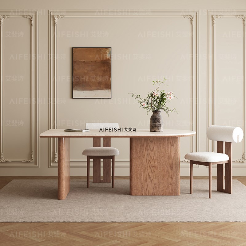 德利丰洞石岩板法式现代简约实木餐桌小户型奶油风靠墙.半圆形岛