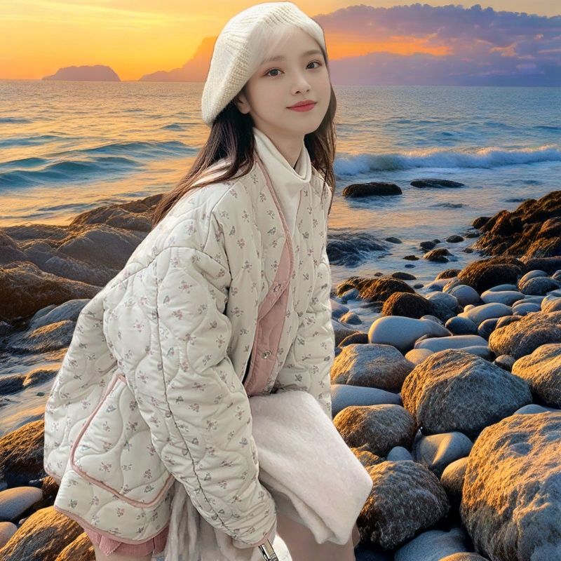 新款加厚秋冬季爆款棉服新款宽松复古碎花菱形格两面穿棉服外套女