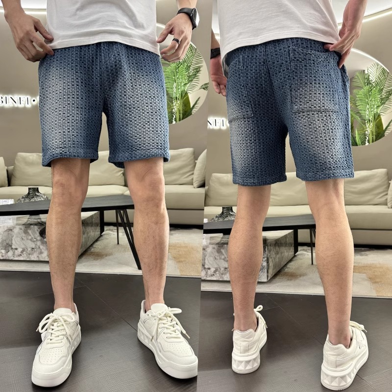 2024新款牛仔i短裤男款夏季薄款美式编织磨白宽松短裤松紧腰裤衩